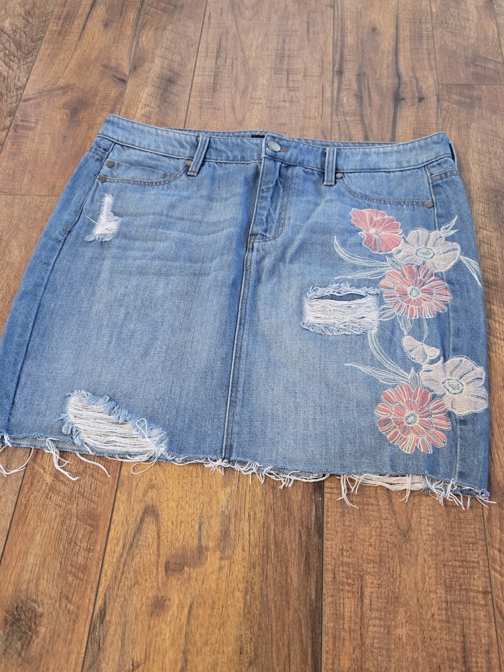 Liverpool Light Blue Denim Mini Skirt with Pink Floral Embroidery